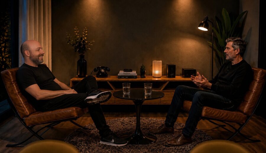 Teddy Barrena entrevistando a un invitado, sentados en dos sillones